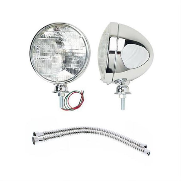 Speedway Motors Chrome Dietz Style 7 Inch Headlights with 12 Inch Stainless Wiring Conduit Set Sealed Beam High Low 12 Volt Universal Fit Pair with Trim Rings