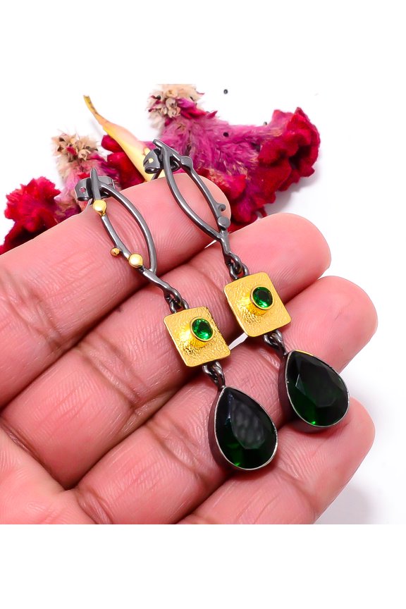 Chrome Diopside 925 Sterling Silver Black & Gold Rhodium Earring 2.34" Sku49, Handmade Jewelry, Dangle Earring