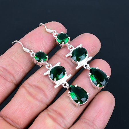Chrome Diopside 925 Sterling Silver Gemstone Gift Solitaire Earring 2.5" VJ 757