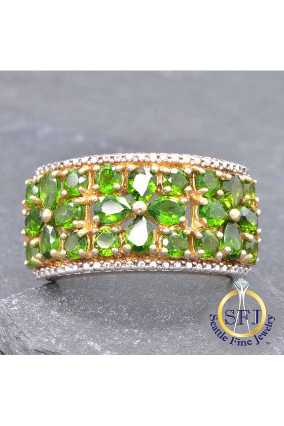 Chrome Diopside Botanical Cluster Band Milgrained Ring, Solid Sterling Silver Chrome Diopside Botanical Cluster Band Milgrained Ring, Solid Sterling Silver