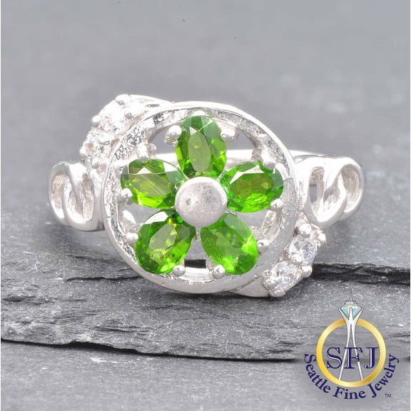 Chrome Diopside Filigree Cluster Ring, Solid Sterling Silver