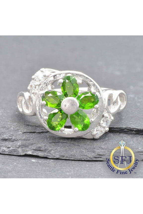 Chrome Diopside Filigree Cluster Ring, Solid Sterling Silver