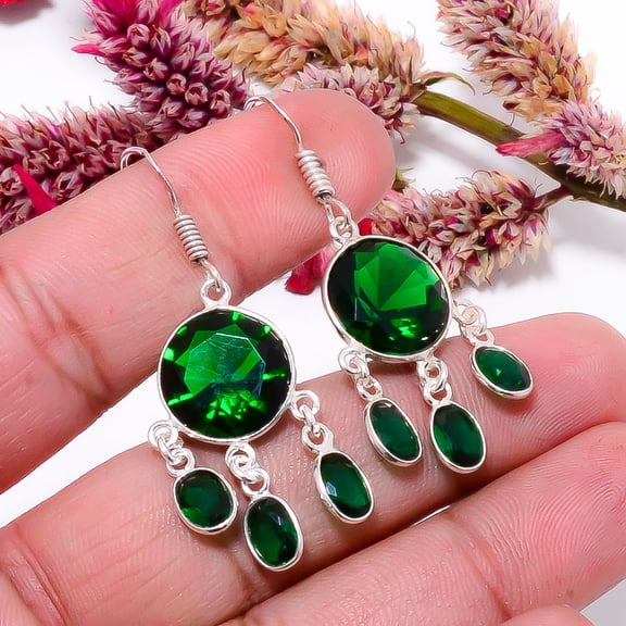 Chrome Diopside Gemstone 925 Sterling Silver Handmade Earring 1.79" E69