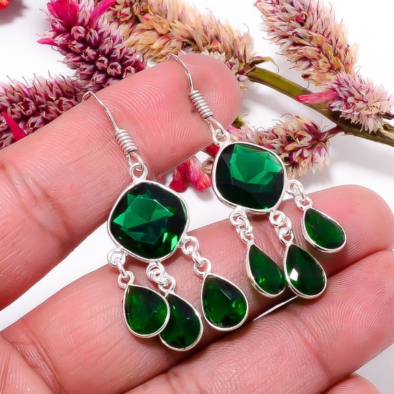 Chrome Diopside Gemstone 925 Sterling Silver Handmade Earring 1.87" E30