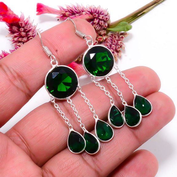 Chrome Diopside Gemstone 925 Sterling Silver Handmade Earring 2.34" E173