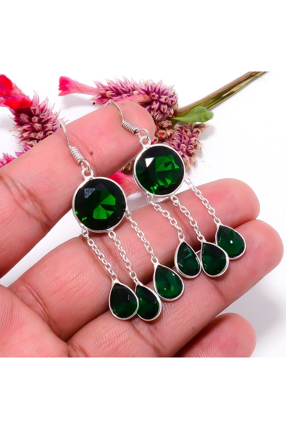 Chrome Diopside Gemstone 925 Sterling Silver Handmade Earring 2.34" E173