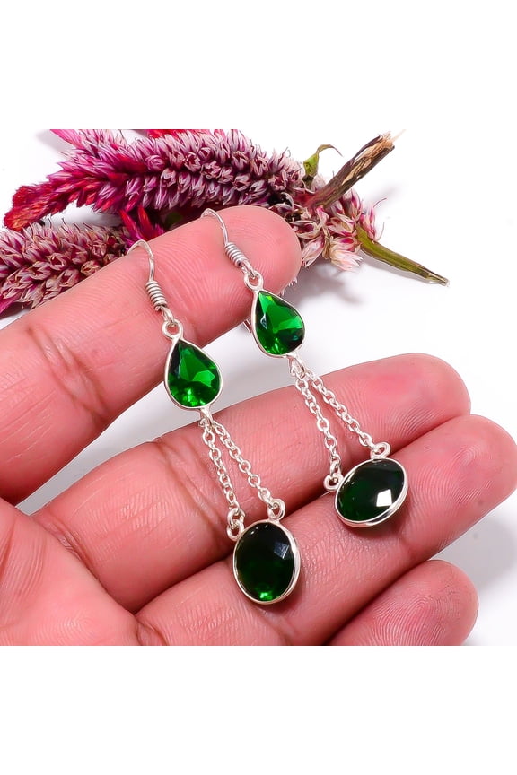 Chrome Diopside Gemstone 925 Sterling Silver Handmade Earring 2.34" E26