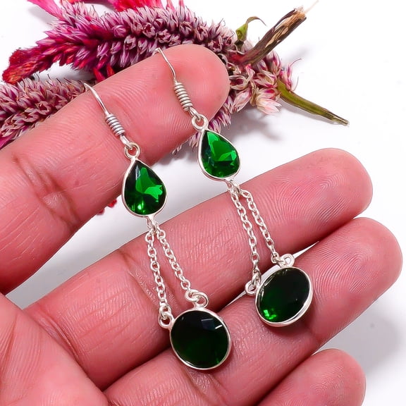 Chrome Diopside Gemstone 925 Sterling Silver Handmade Earring 2.65" E28