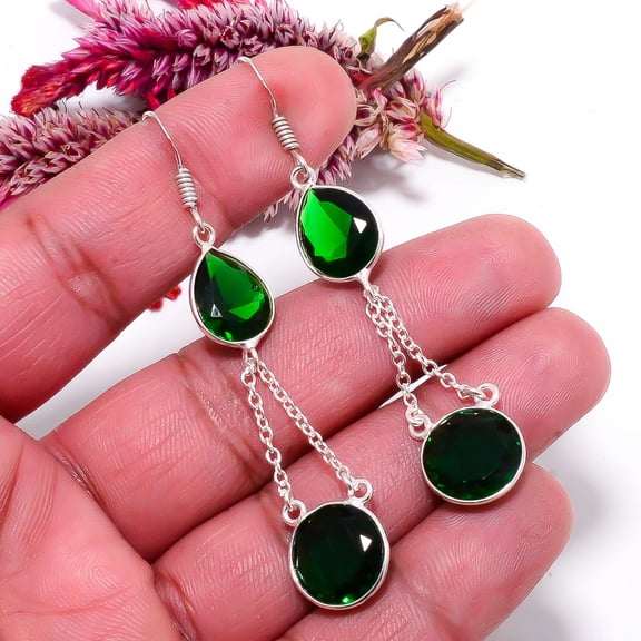 Chrome Diopside Gemstone 925 Sterling Silver Handmade Earring 2.65" E31