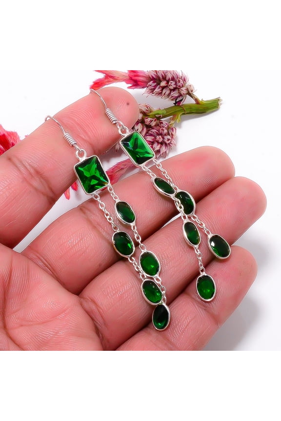 Chrome Diopside Gemstone 925 Sterling Silver Handmade Earring 2.93" E50
