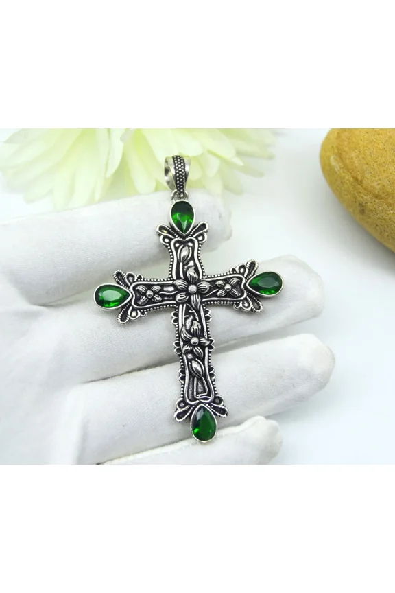 Chrome Diopside Gemstone Handmade 925 Sterling Silver Polished Jewelry Pendant Size 2.5"