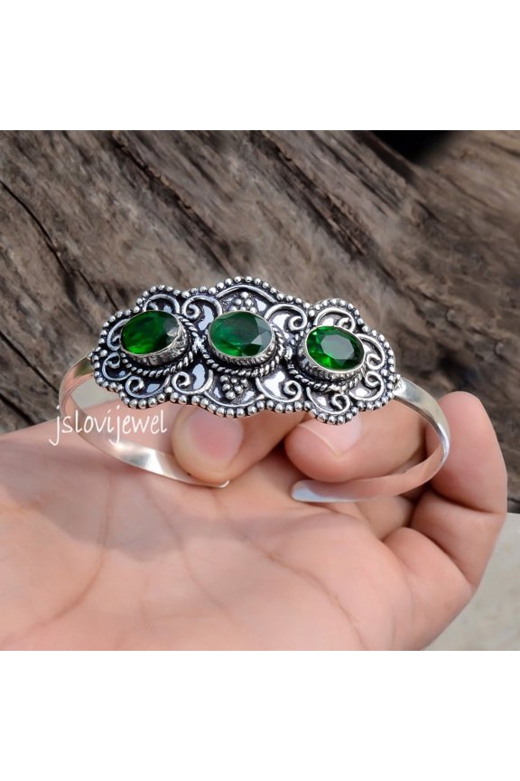 Chrome Diopside Gemstone Sterling Silver Gemstone Cuff Bracelet