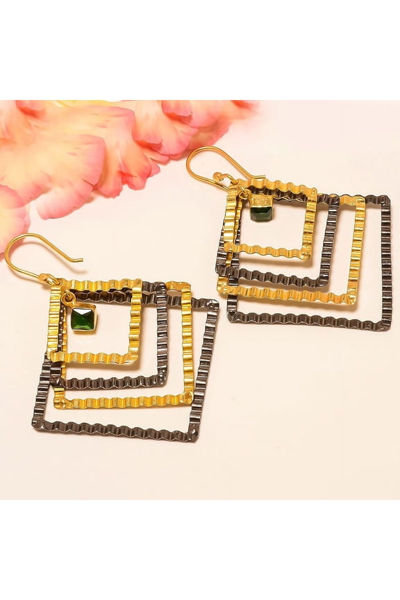 Chrome Diopside Quartz Gold Rhodium Plated Earring 3.15" F2518