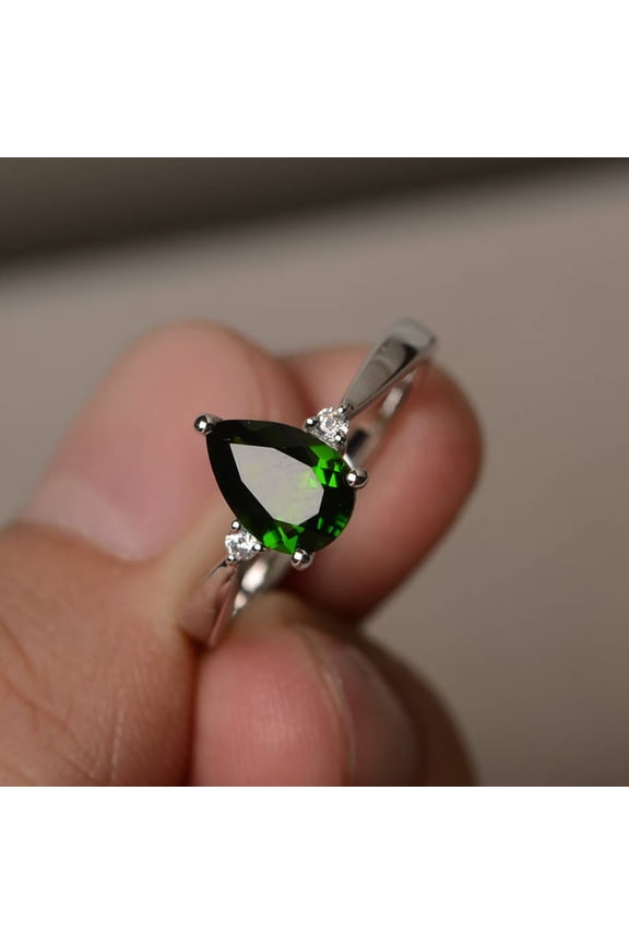 Chrome Diopside Ring Engagement Ring Green Gemstone Ring Sterling Silver Ring Pear Cut Gemstone Ring