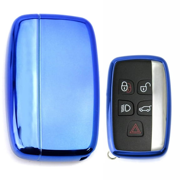 Chrome Finish Blue TPU Key Fob Protective Cover Case For 2010-2016 Land Rover 5-Button Key Fit Range Rover Sport, Range Rover, LR4, Evoque, etc
