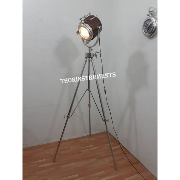 Chrome Finish Collectible Wood Searchlight Spot Light Studio Floor Lamp With Tripod Stand