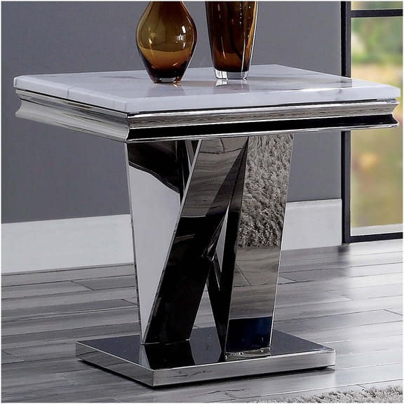 Chrome Finish End Table with Faux Marble Top, Rectangular V-Shape Pedestal Base for Living Room, Bedroom or Office