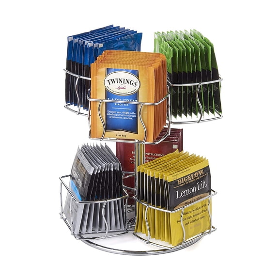 Chrome Finish Tea Bag Caddy Storage and Organizer Rotating Spinning Carousel Organize 60 Tea Bags 6 Compartments 10 Tea Bags in Each.