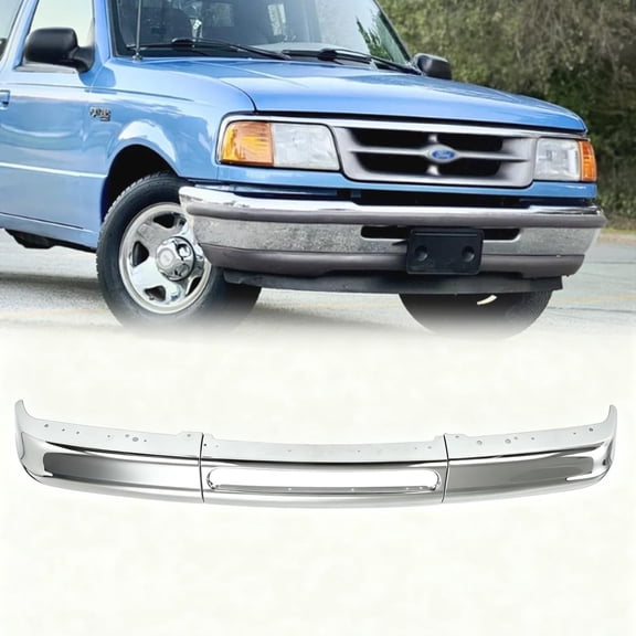 Chrome Front Bumper For 1993-1997 Ford Ranger Ranger XL Sport, 3 PCS Front Bumper Face Bar without Fog Light Holes Direct Replacement