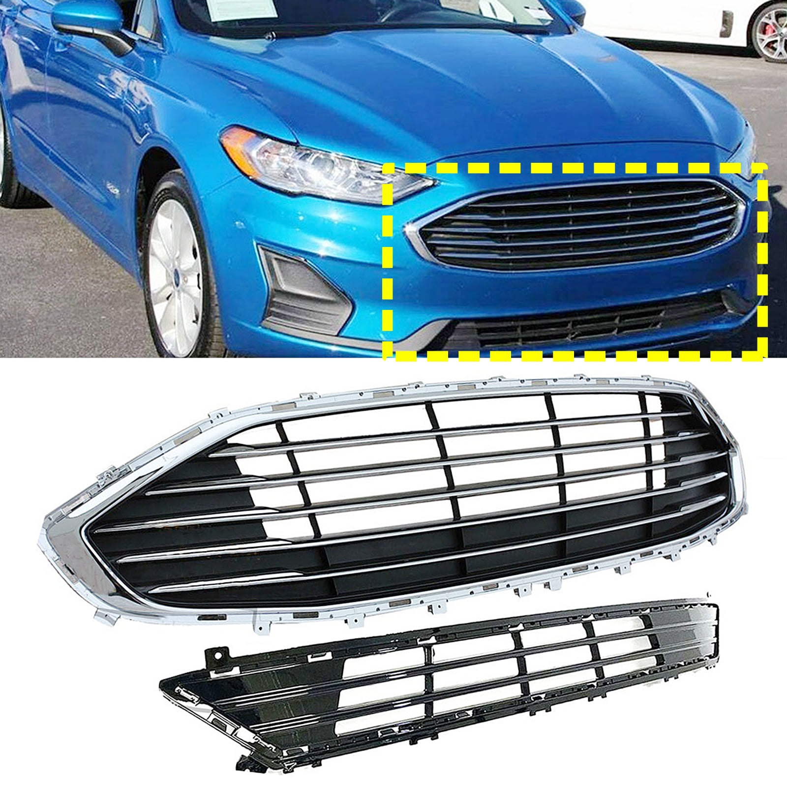 Chrome Front Upper & Lower Grilles Grill Fit for Ford Fusion 2019 2020