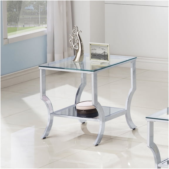 Chrome Glass End Table with Metal Frame, Modern Square Side Table for Living Room, Bedroom