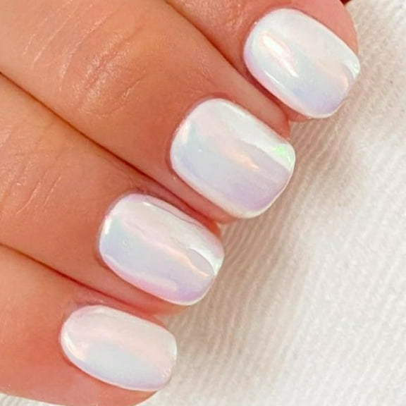 Chrome Glazed Press on Nails Extra Short Square, White Shell Handmade Gel Fake Nails Squoval, Donut Metal Powder Glossy Glue on False Nails Kits for Women Gift, Wedding Round Stick on Nails