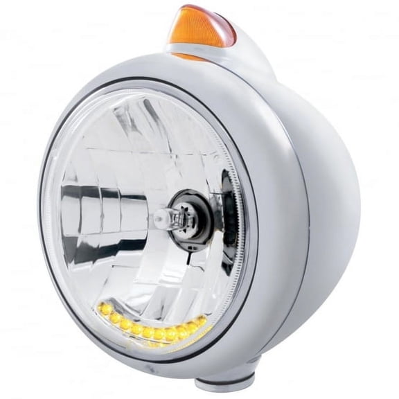 Chrome Guide 682-C Headlight H4 With 10 Amber LED & Original Style Turn - Amber Lens
