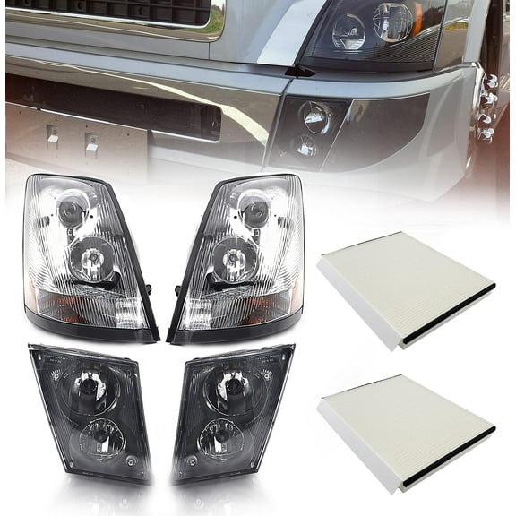 Chrome Headlight and Fog Light Set & Pair Air Filters for Volvo 2004-2018 VNL VN