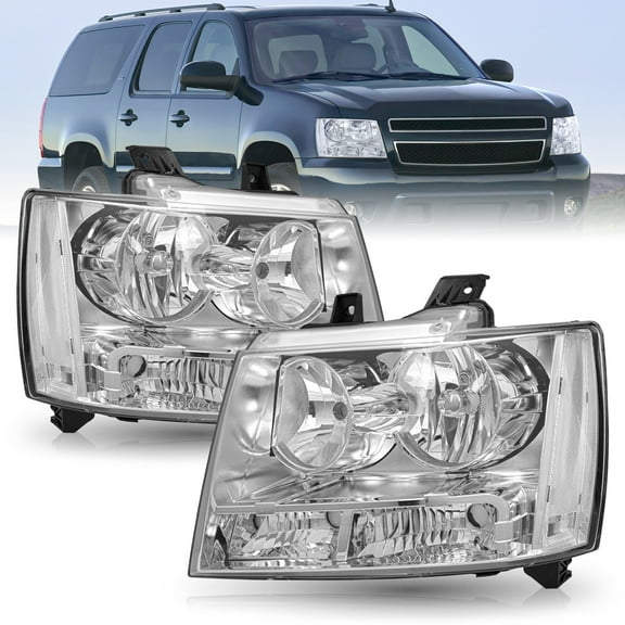 Chrome Headlights For 2007-2014 Chevy Avalanche Suburban Tahoe Headlamps LF & RH