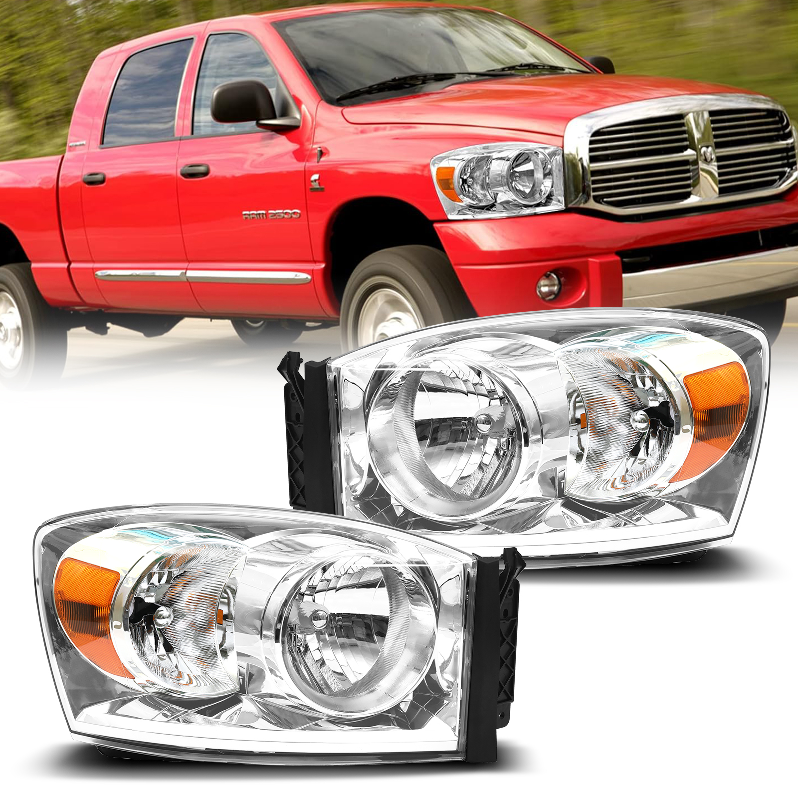 Chrome Headlights Pair For 20062008 Dodge Ram 1500 2500 3500 Amber
