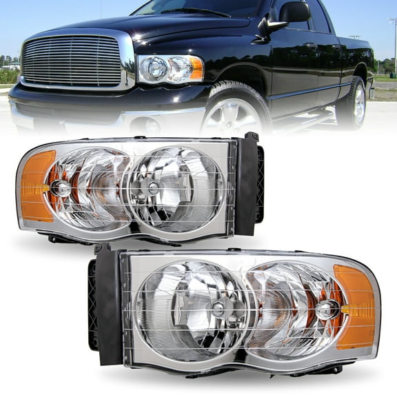 Chrome Headlights for 2002-2005 Dodge Ram 1500 2500 3500 Headlamps Left+Right