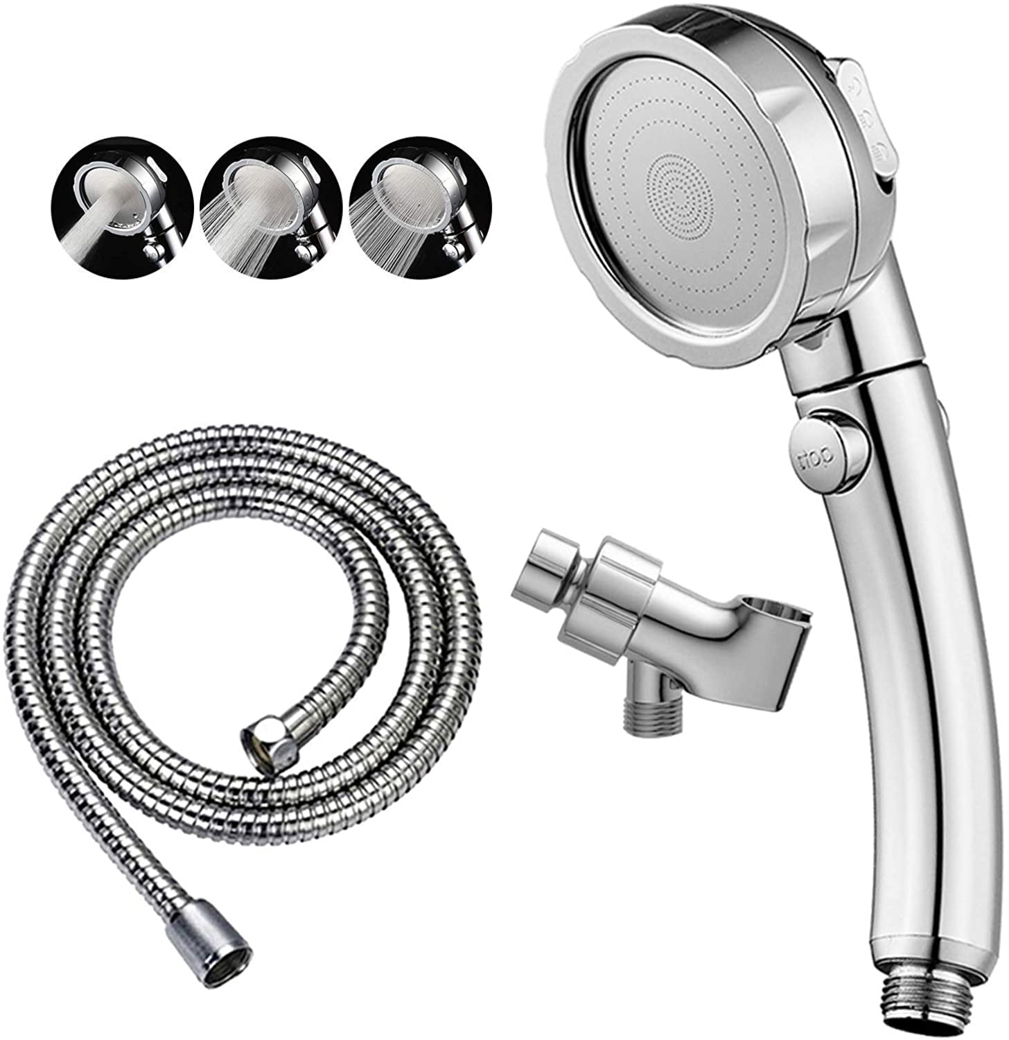 Chrome High Pressure Handheld Shower Head with ON/OFF Pause Switch, 3 Spray Modes Shower Wand with Shut Off Button, Removable Camper Shower Head with Hose and Adjustable Angle Bracket