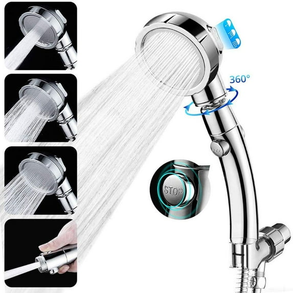 Chrome High Pressure Handheld Shower Head with ON/OFF Pause Switch, 3 Spray Modes Shower Wand with Shut Off Button, Removable Camper Shower Head with Hose and Adjustable Angle Bracket