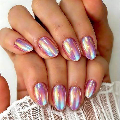 Chrome Hot  Press  Nails Short Oval, 32 count Thick Glazed Cute  Nails with Sparkle Mirror Design, Shiny Glitter Glue  Nails Almond, Gel  Press ons with Glue for Fingernail