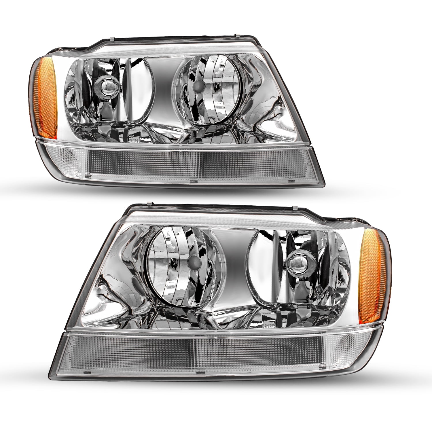 Chrome Housing Amber Headlights Assembly For 1999-2004 Jeep Grand Cherokee LH+RH