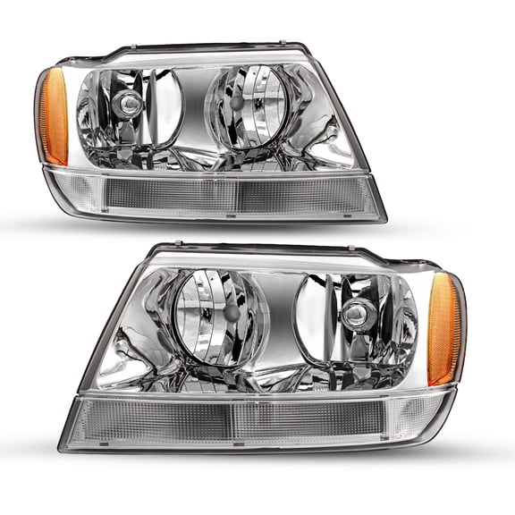 Chrome Housing Amber Headlights Assembly For 1999-2004 Jeep Grand Cherokee LH+RH