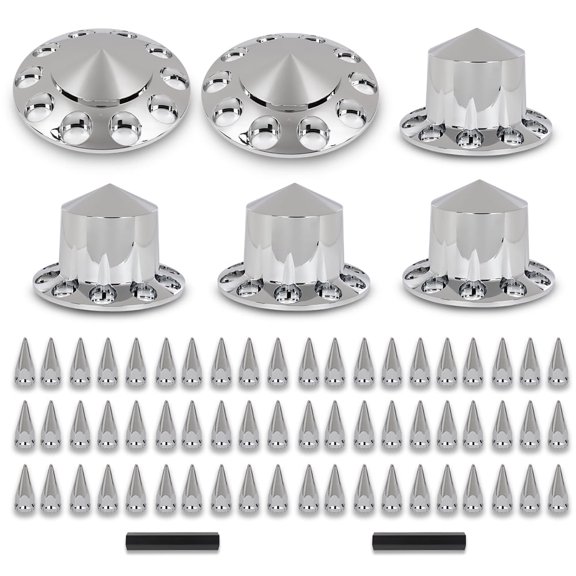 Chrome Hub Cover Kit 33mm Front & Rear Semi Truck Wheel Axle Covers Spiked