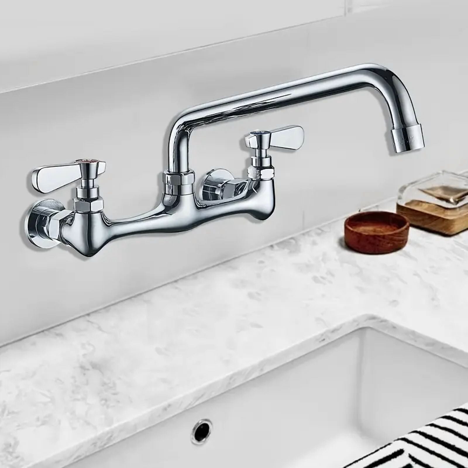 Chrome  Kitchen Faucet Wall Mount Commercial Sink Faucet Dual Handle Mixer Swivel Spout