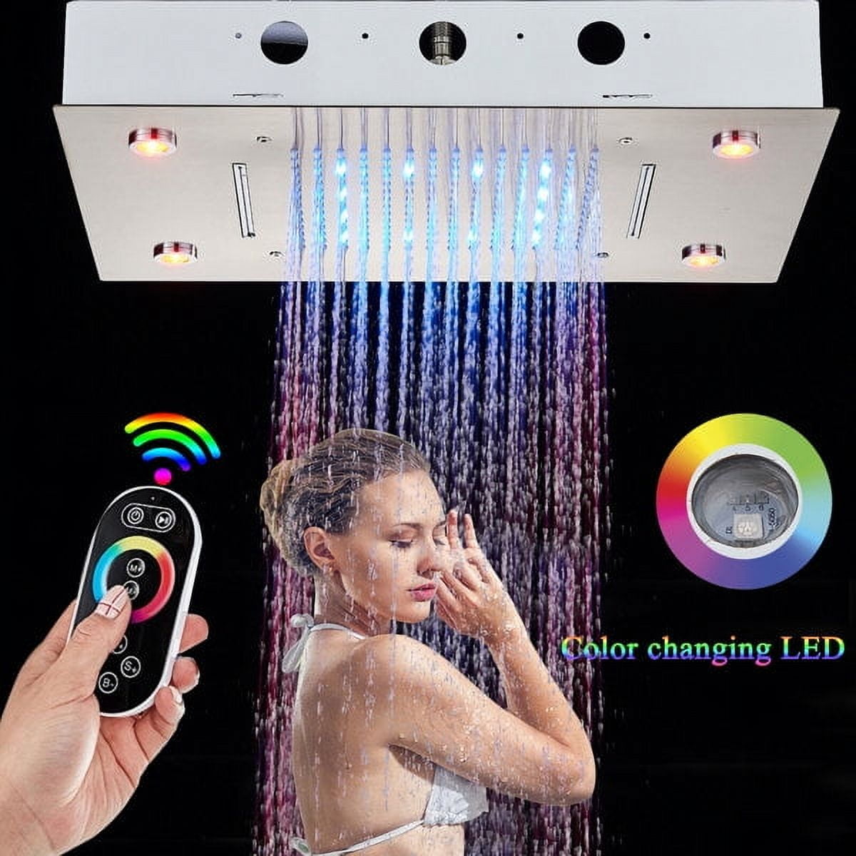 Chrome  LED Colors Changing Rain&Waterfall Ceiling Large Shower Head with Remote Control