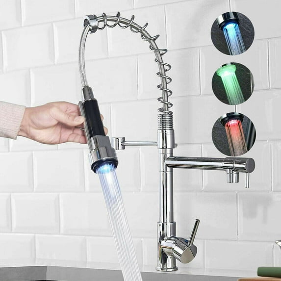 Chrome LED Kitchen Sink Faucet Pull Down Sprayer Swivel Spout Mixer Tap