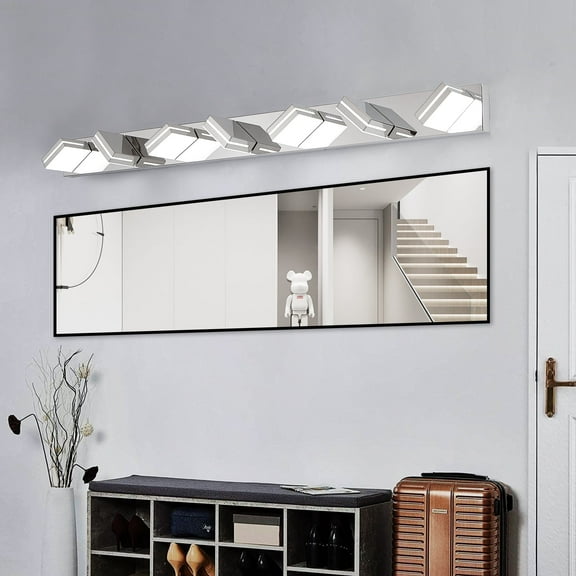 Chrome LED Modern Bathroom 7-Light Vanity Light Fixtures 55.1Inch, Dimmable Modern Acrylic Bathroom Wall Lighting Fixtures Over Mirror (Cool White 6000K)