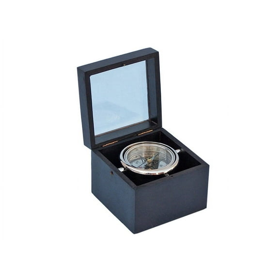 Chrome Lifeboat Compass w/ Black Rosewood Box 5" - Functional Chrome Compass