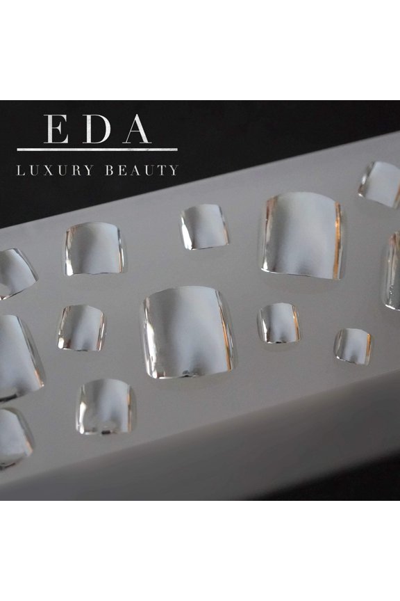 Metallic Silver Press On Toe Nails, Mirror Effect Tips Fake Toenails Pedicure Set, Chrome Magic