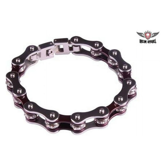 Chrome & Maroon Motorcycle Chain Bracelet with Gemstones - Medium