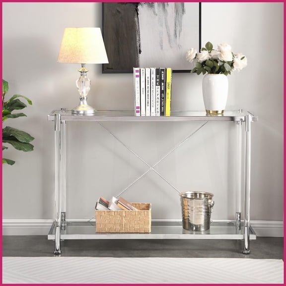 Chrome Metal Edge Coffee Table with Acrylic Legs - 2-Tier Storage, Kid-Safe Polished Corners & Scratch-Resistant Feet