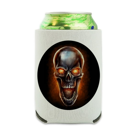 Chrome Metal Flaming Skull Can Cooler - Drink Sleeve Hugger Collapsible Insulator - Beverage Insulated Holder