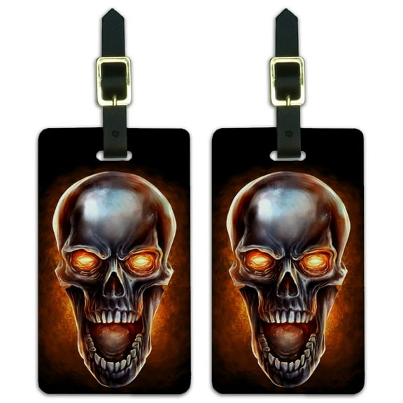 Chrome Metal Flaming Skull Luggage ID Tags Suitcase Carry-On Cards - Set of 2