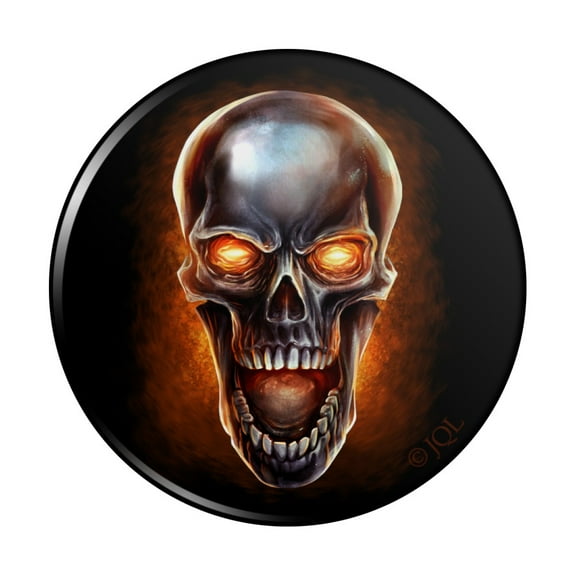 Chrome Metal Flaming Skull Pinback Button Pin