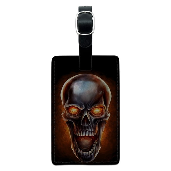 Chrome Metal Flaming Skull Rectangle Leather Luggage Card Suitcase Carry-On ID Tag