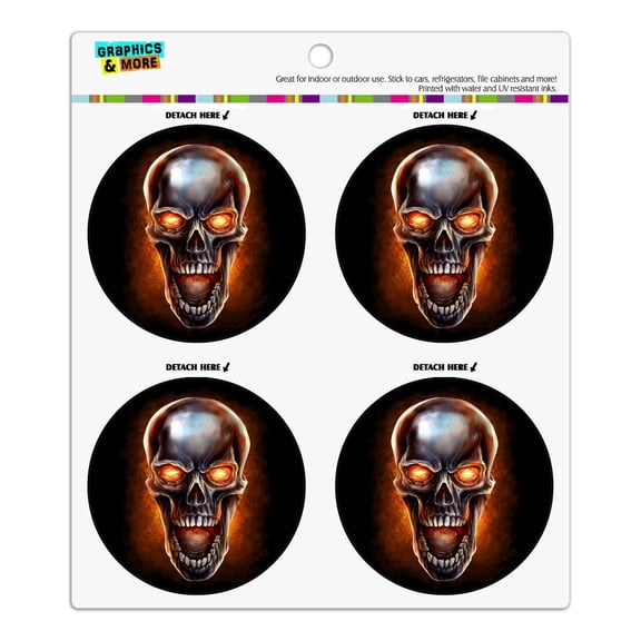 Chrome Metal Flaming Skull Refrigerator Fridge Locker Vinyl Circle Magnet Set